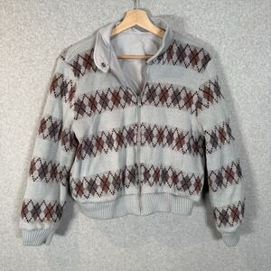 Vintage argyle jacket womens small/medium gray reversible zip up‎ poly cotton
